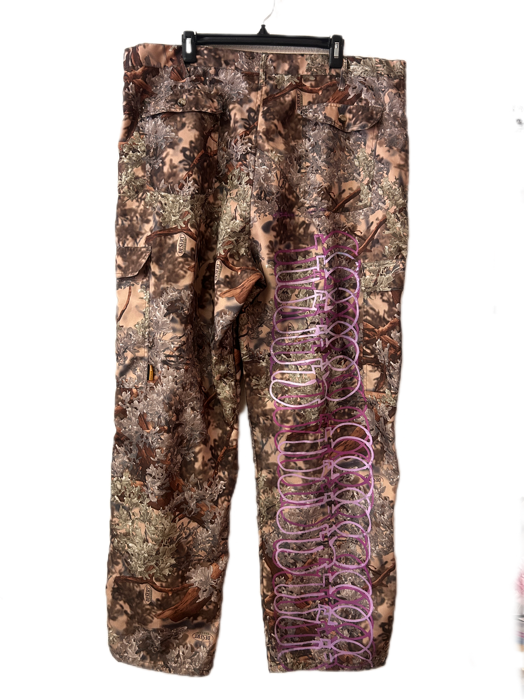 Men’s Upcycled front and back screen print camp pants.