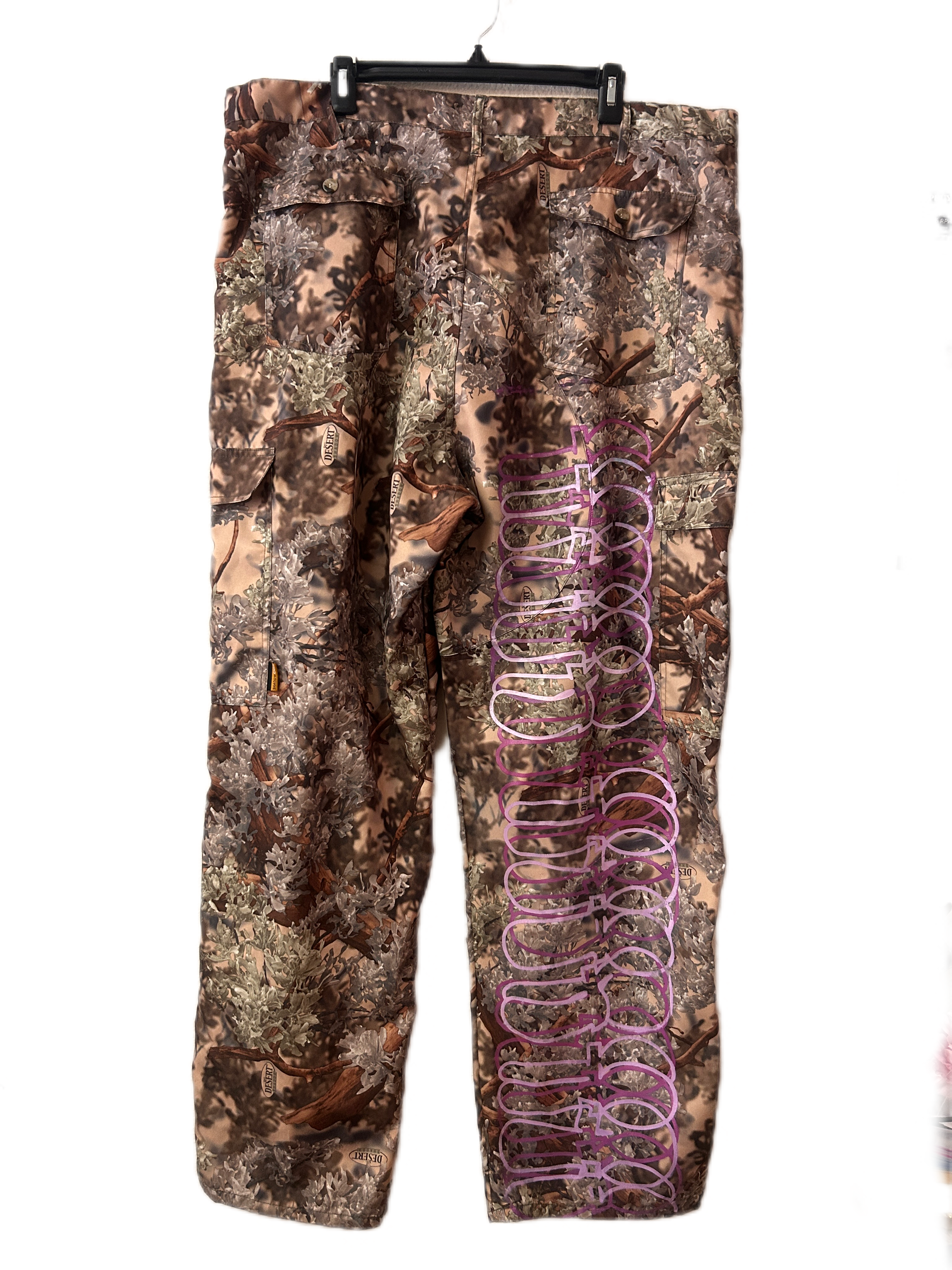 Men’s Upcycled front and back screen print camp pants.