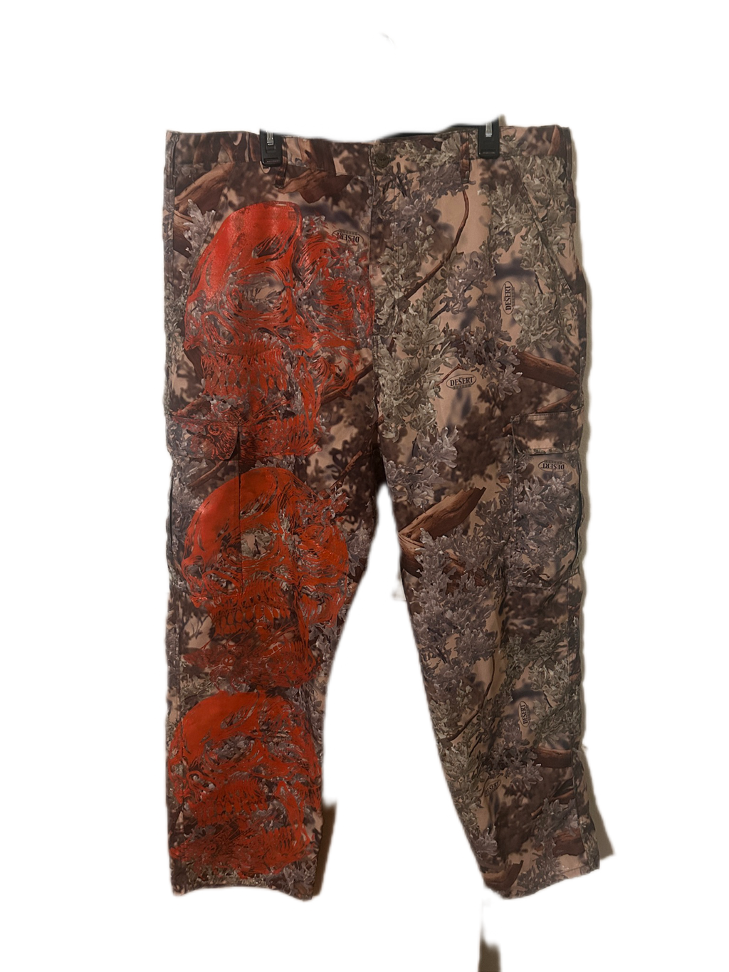 Men’s Upcycled front and back screen print camp pants.